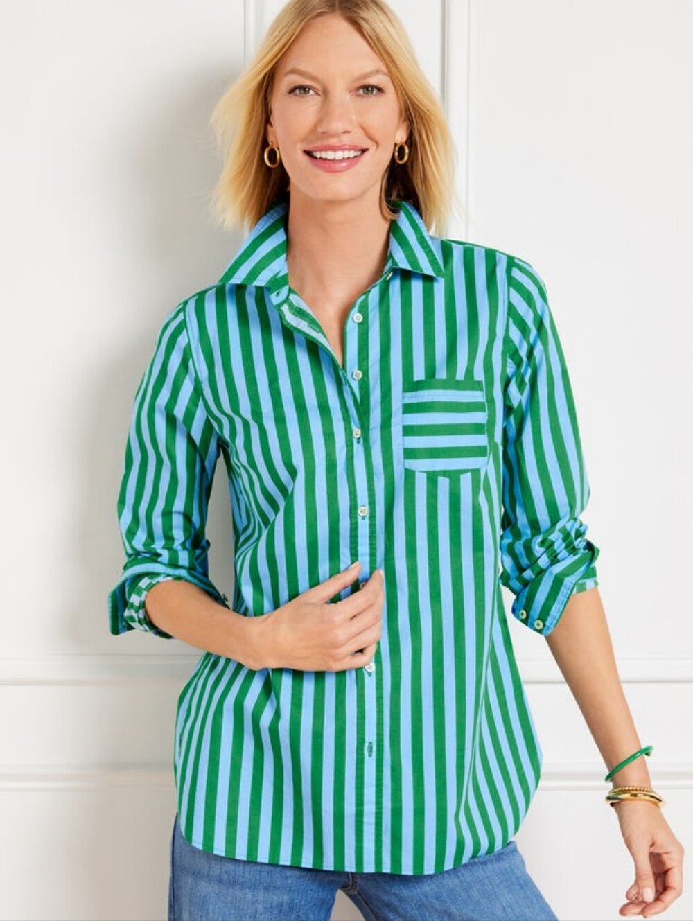 Talbots Plus Garden Stripe 100% Cotton Button Front Shirt Blue & Green Size 2X - Picture 9 of 9